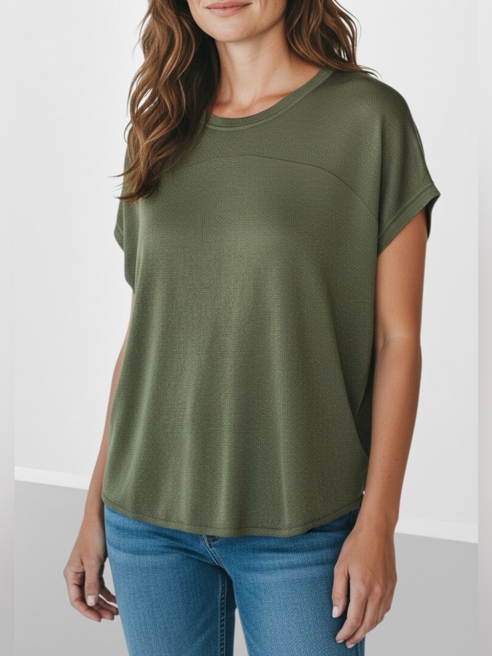 TAHARI Olive Green Crew Neck Short-Sleeve Relaxed Fit Knit Sweater Size L